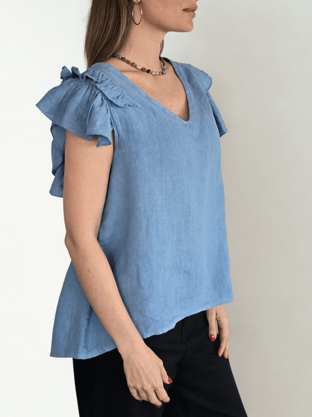Blusa Italiana 100% Lino Mangas Irregulares, color Celeste
