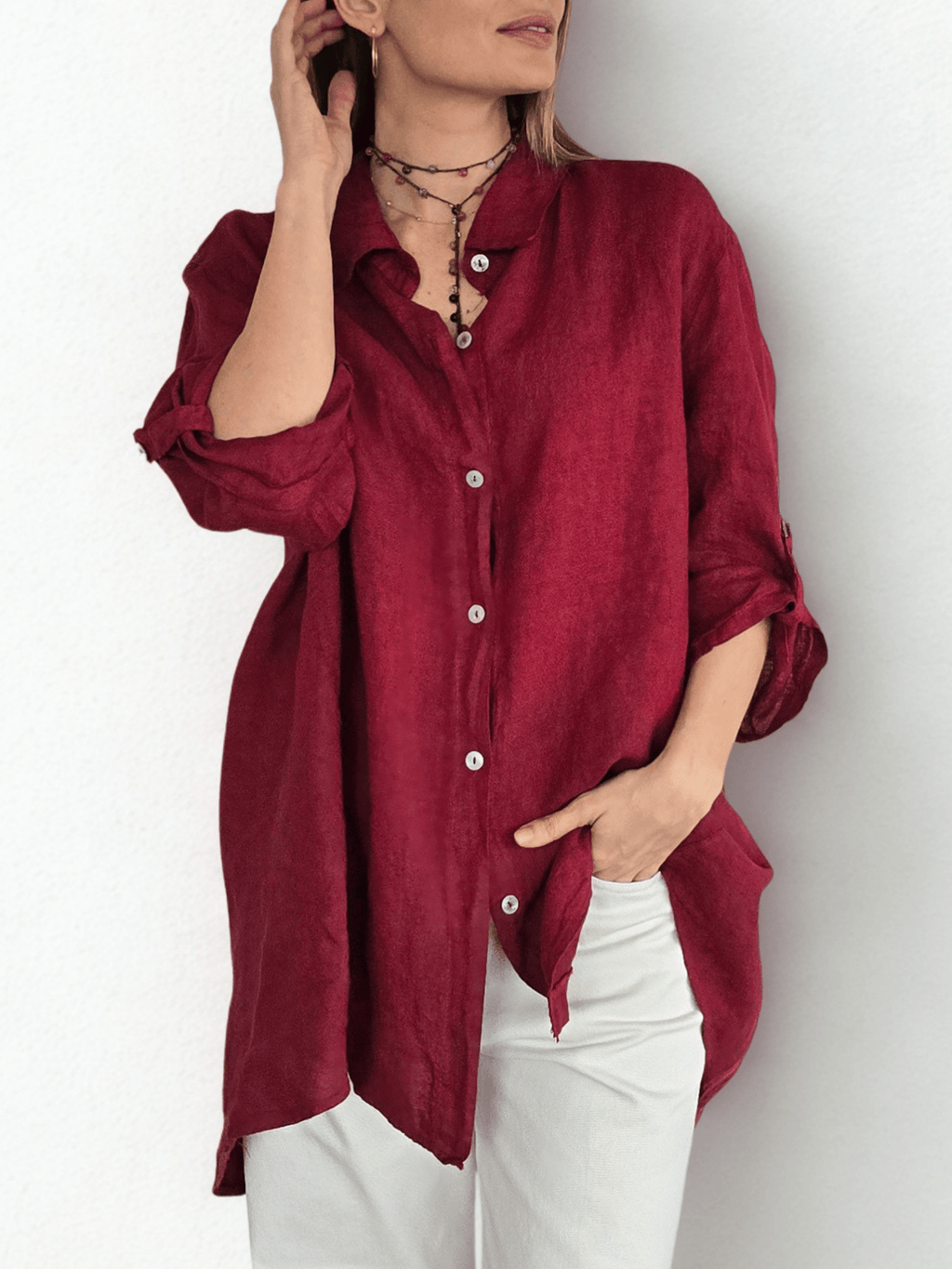 Blusa Italiana 100% lino Ancha, color Guinda