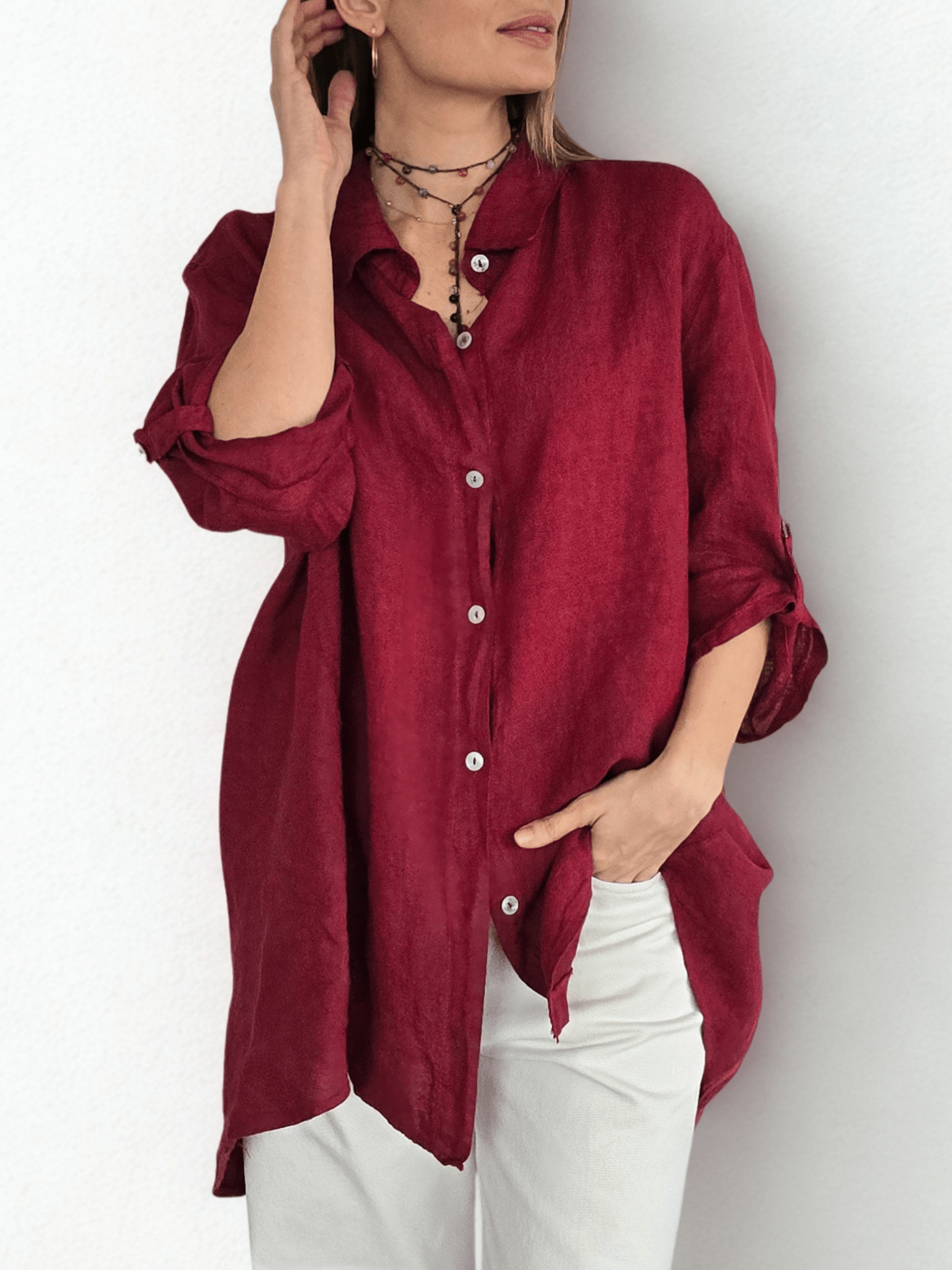 Blusa Italiana 100% lino Ancha, color Guinda