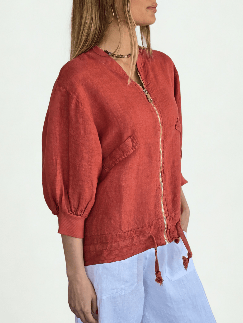 Chaqueta Bomber Italiana 100% Lino, color Terracota