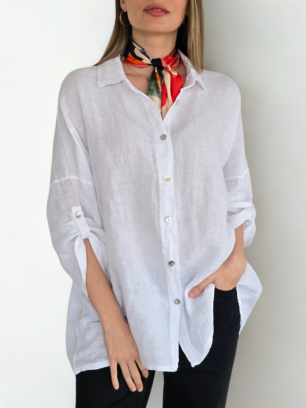 Blusa de Lino Italiana Ancha, color Blanca