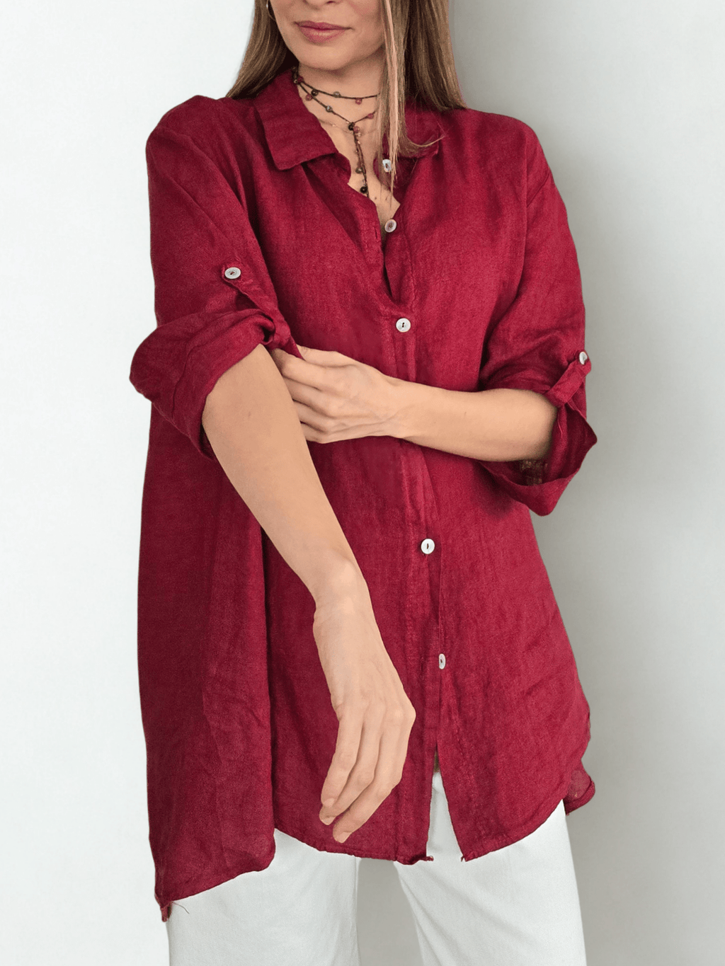 Blusa Italiana 100% lino Ancha, color Guinda