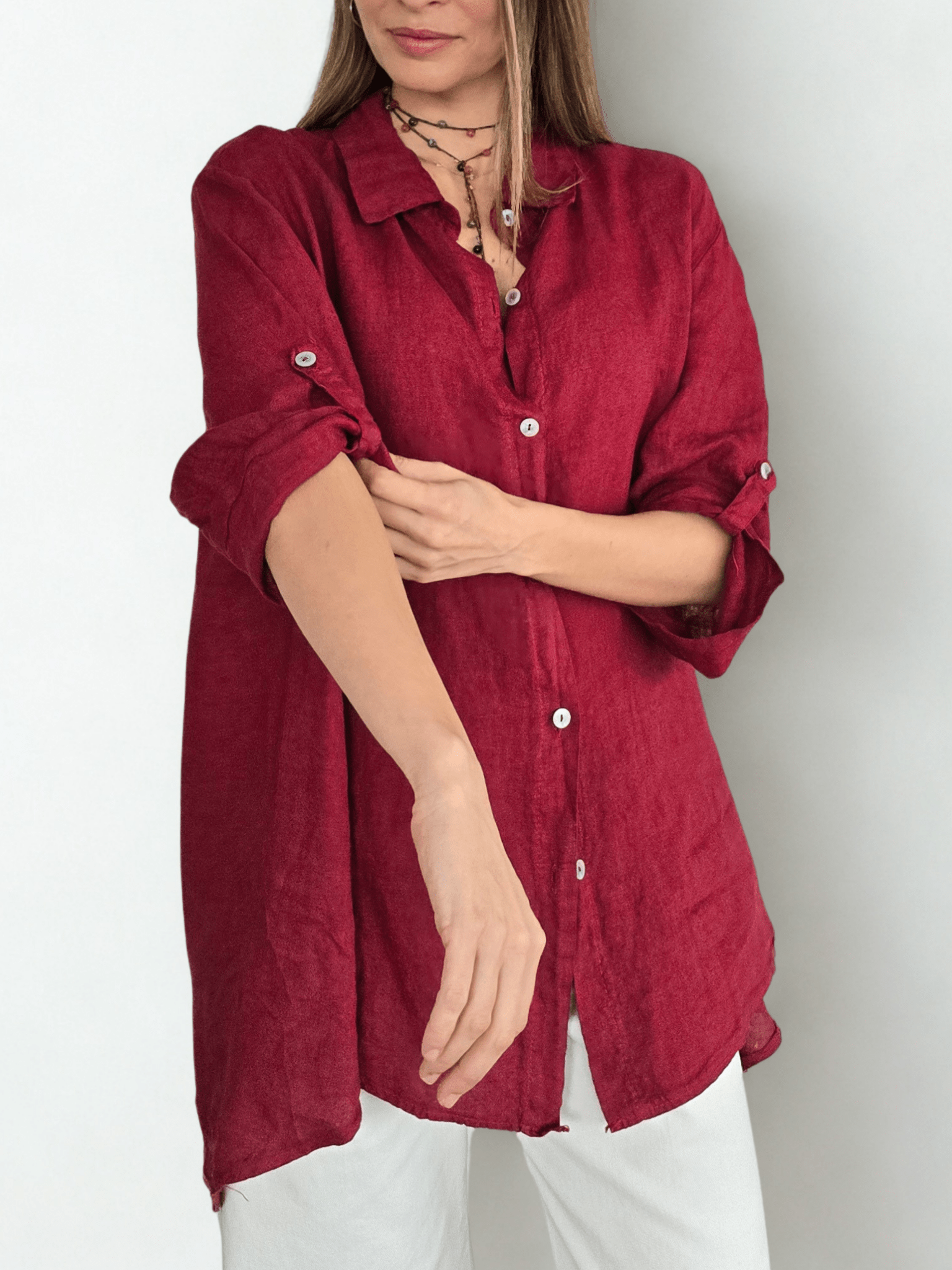 Blusa Italiana 100% lino Ancha, color Guinda