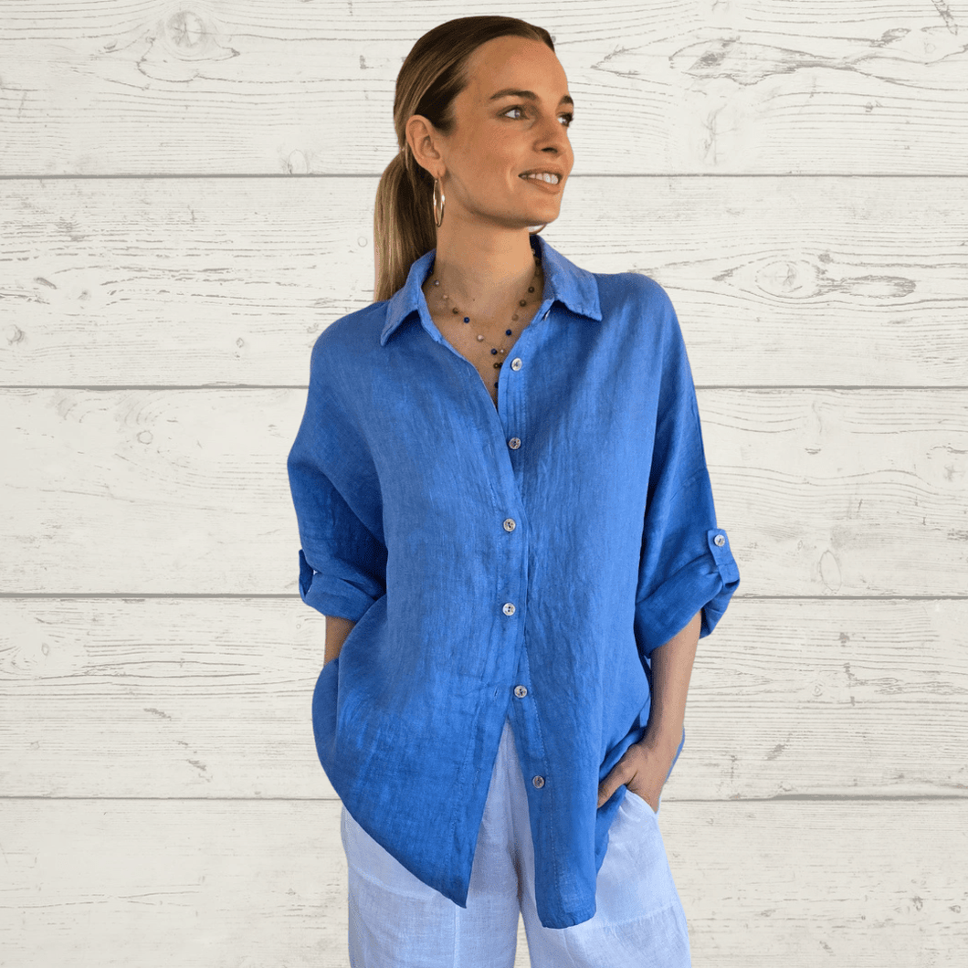 Blusa Italiana 100% Lino abotonada, color Jacinto