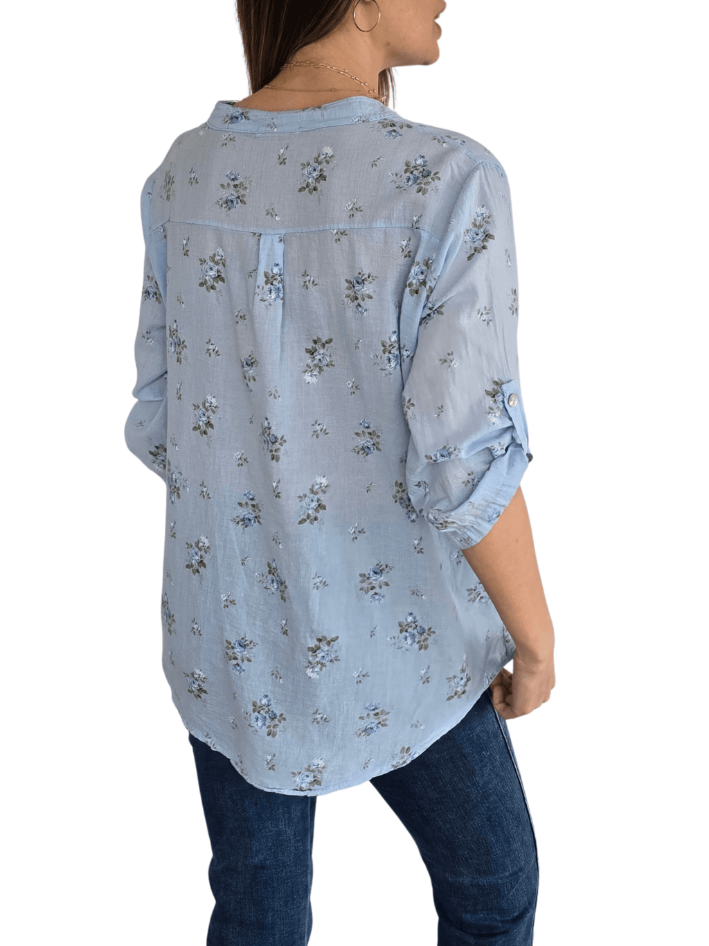Blusa Italiana Flores, fondo Celeste