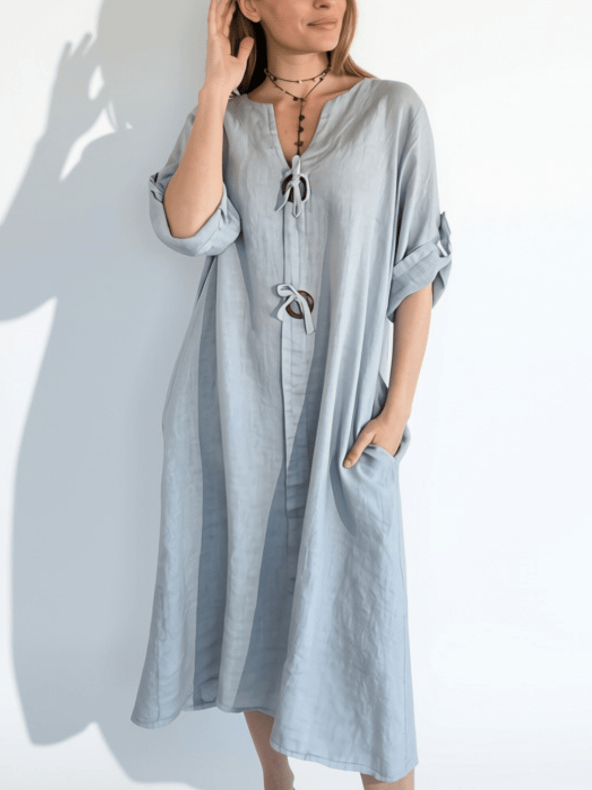 Vestido Italiano 100% Lino Botones, color Gris