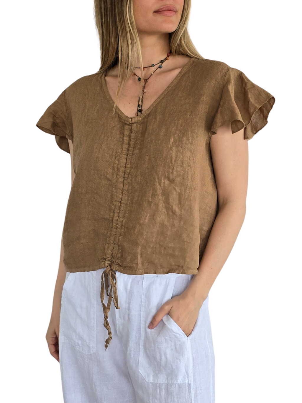Blusa Italiana 100% Lino Tirita, color Camel