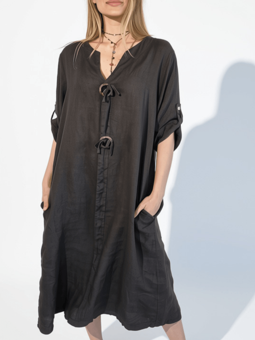 Vestido Italiano 100% Lino Botones, color Chocolate