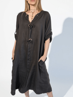 Vestido Italiano 100% Lino Botones, color Chocolate