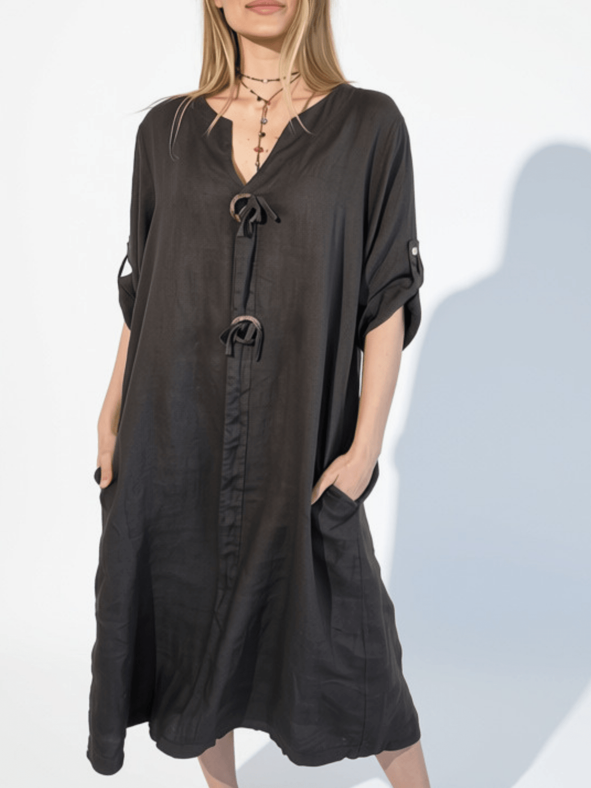 Vestido Italiano 100% Lino Botones, color Chocolate