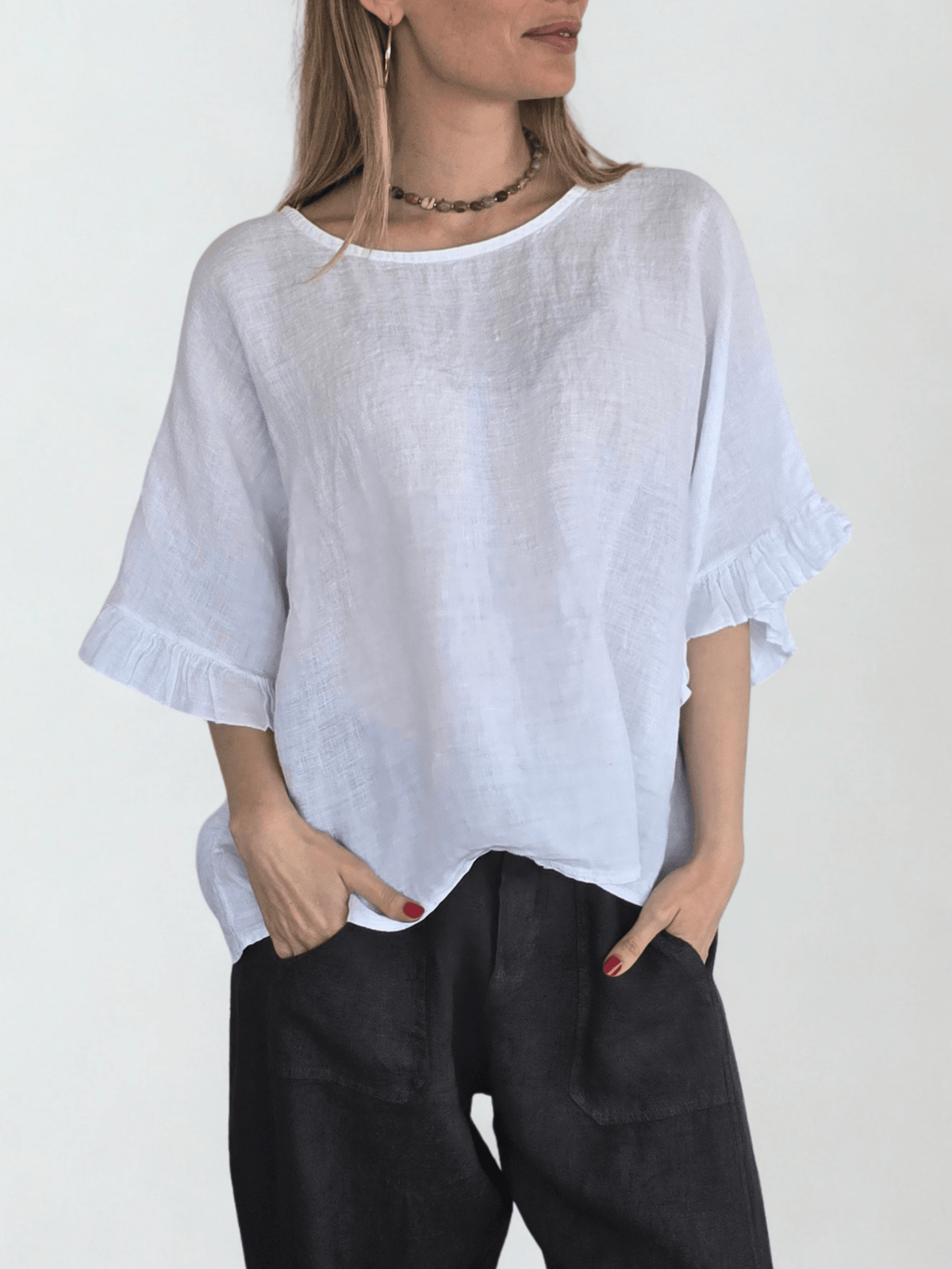 Blusa Italiana 100% Lino con Vuelos, color Blanco