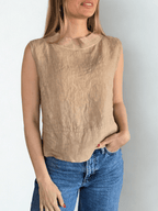 Blusa Italiana 100% Lino, corta, color Camel