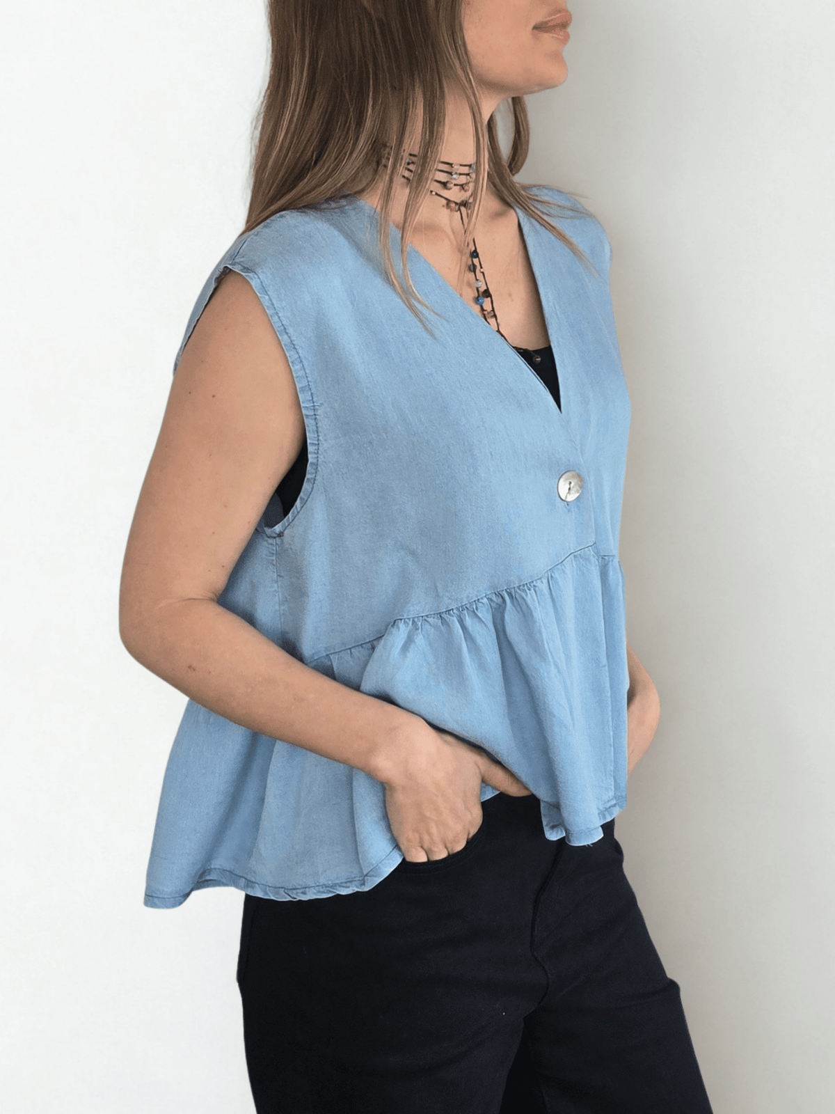 Blusa Italiana Tencel un Botón, color Celeste