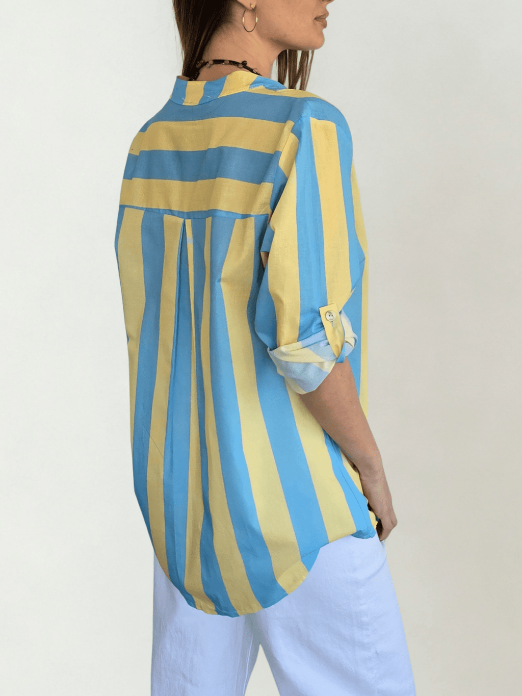 Blusa Italiana Rayada un Bolsillo, color Celeste con Amarillo