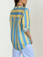 Blusa Italiana Rayada un Bolsillo, color Celeste con Amarillo