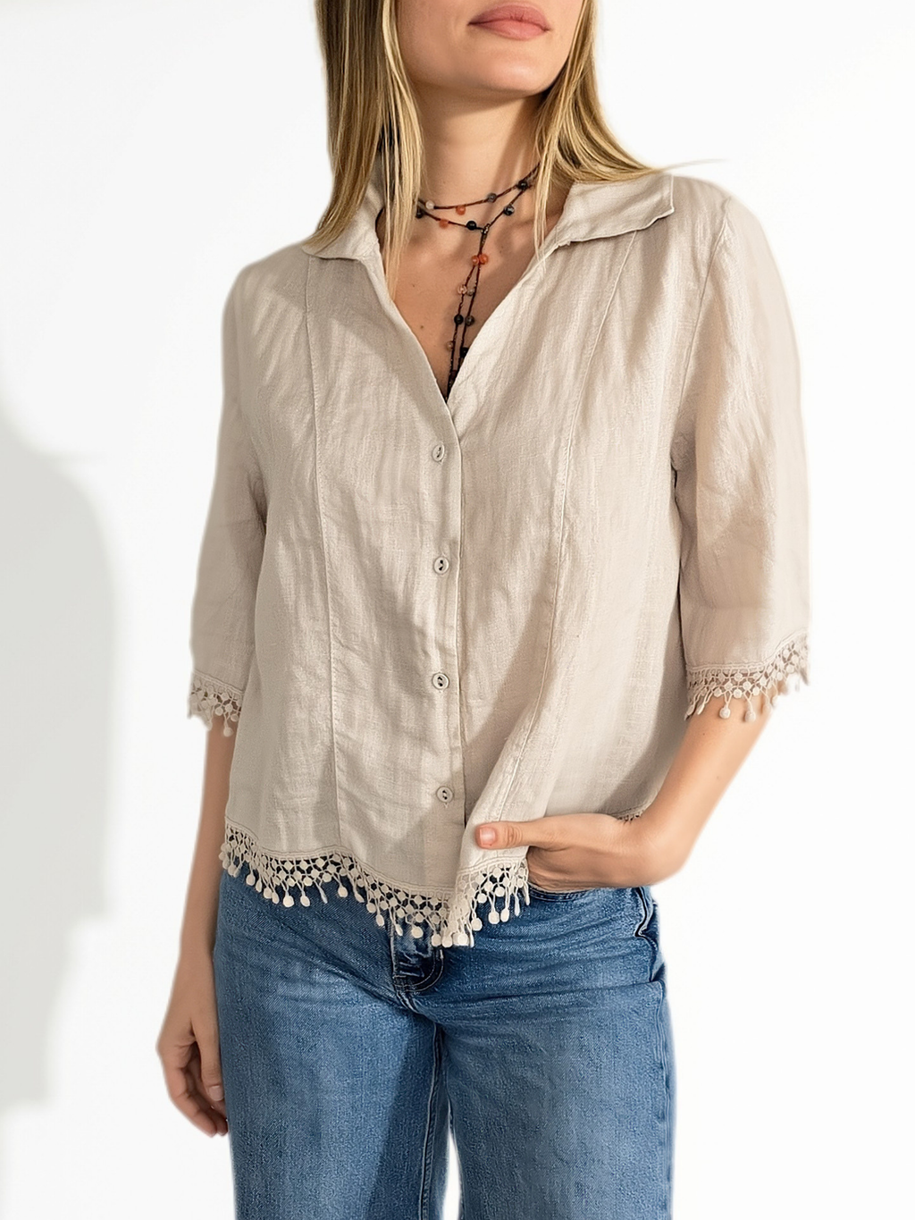 Blusa Italiana 100% Lino Italiano, color Beige