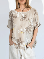 Blusa Italiana 100% Lino Estampada, fondo Beige