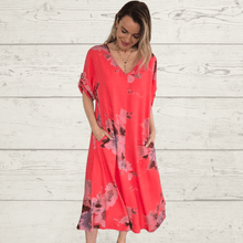 Cargar imagen en el visor de la galería, Vestido estampado escote en V, fondo Coral
