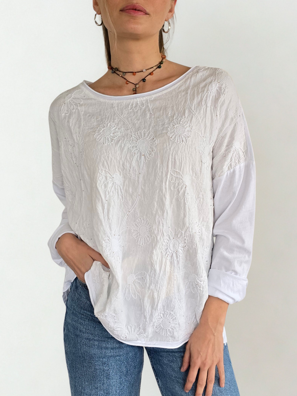 Blusa Italiana Bordada, color Blanco
