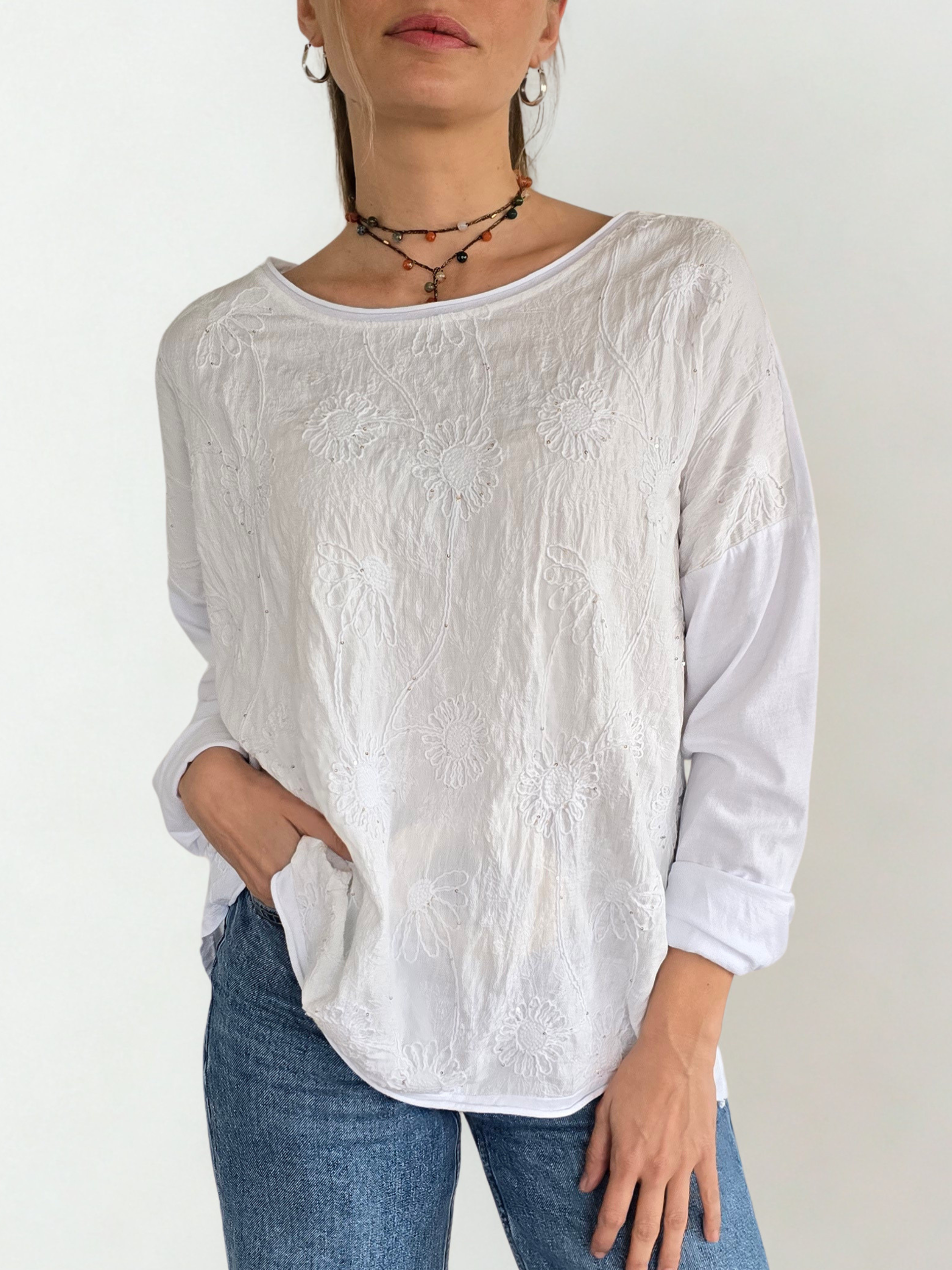 Blusa Italiana Bordada, color Blanco