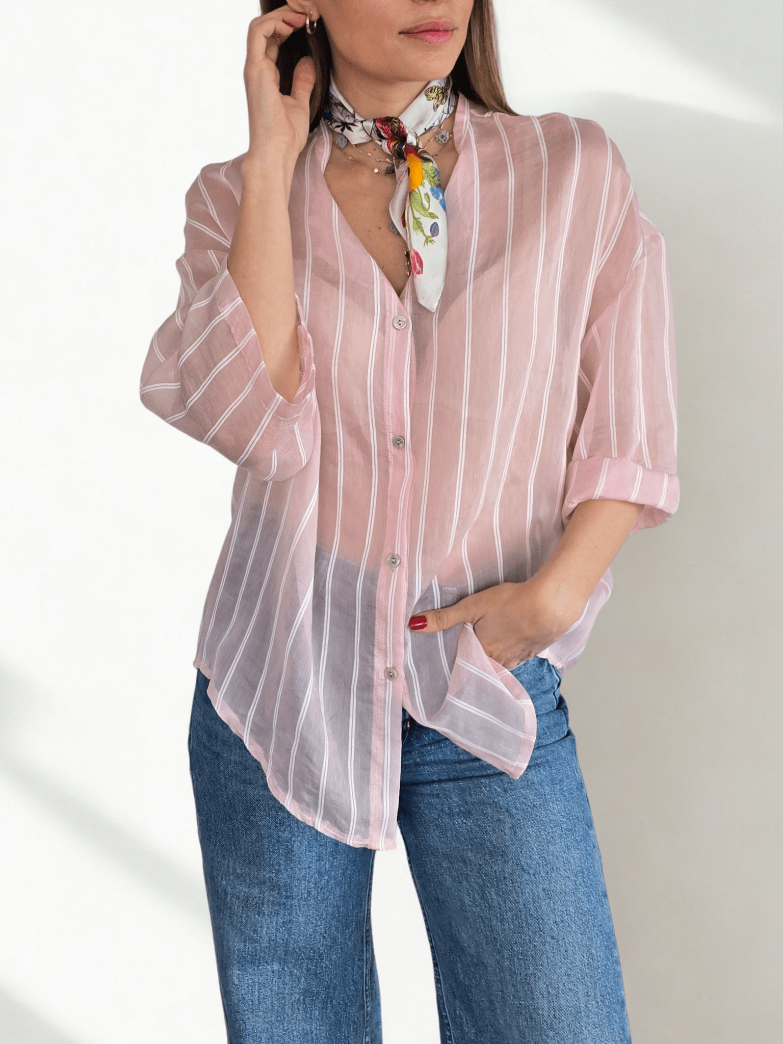 Blusa Italiana Rayada, fondo Rosado