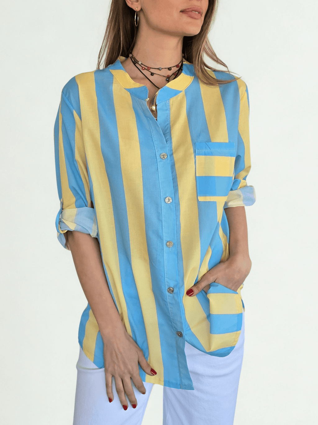 Blusa Italiana Rayada un Bolsillo, color Celeste con Amarillo