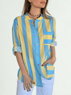 Blusa Italiana Rayada un Bolsillo, color Celeste con Amarillo