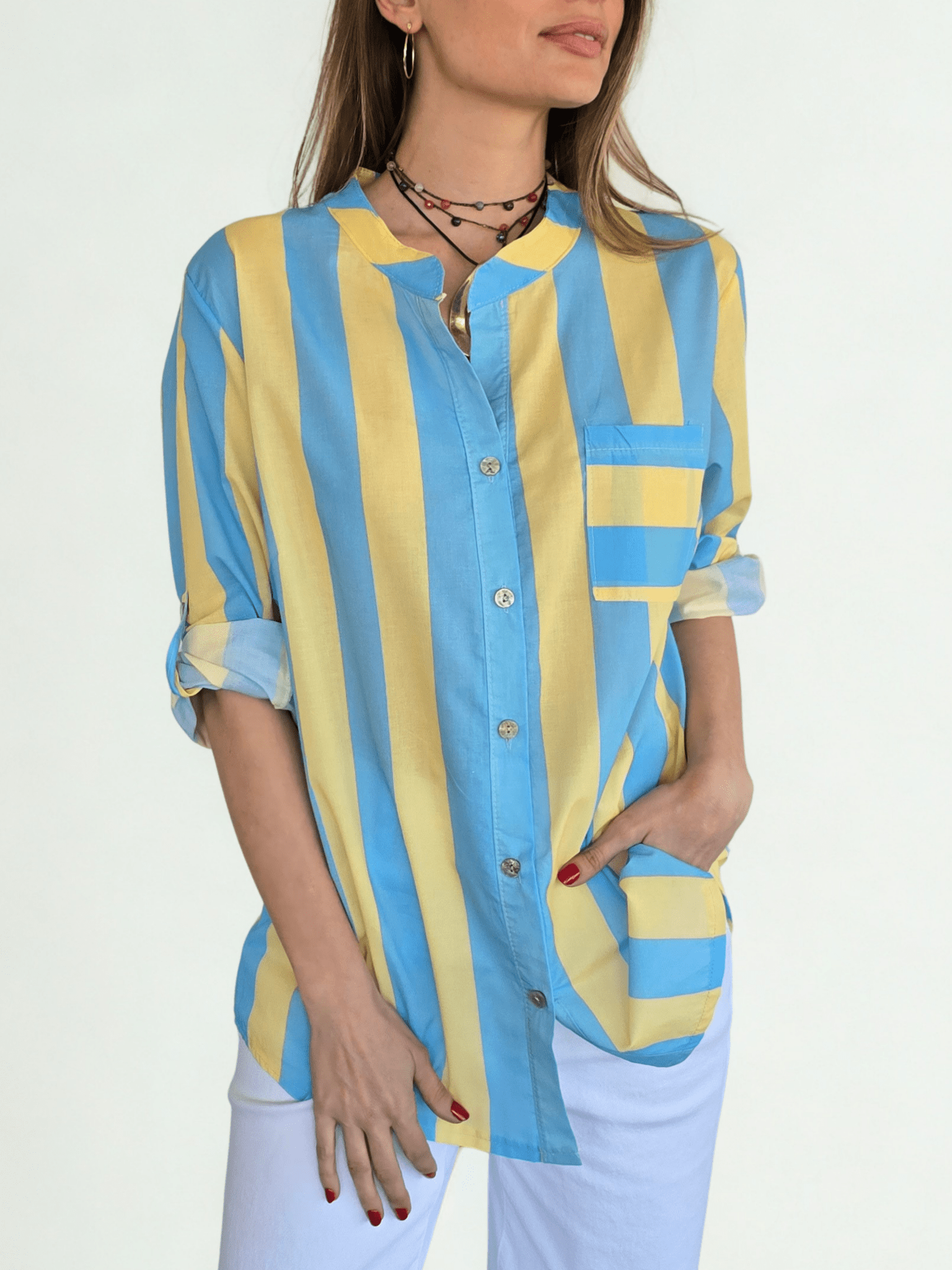 Blusa Italiana Rayada un Bolsillo, color Celeste con Amarillo