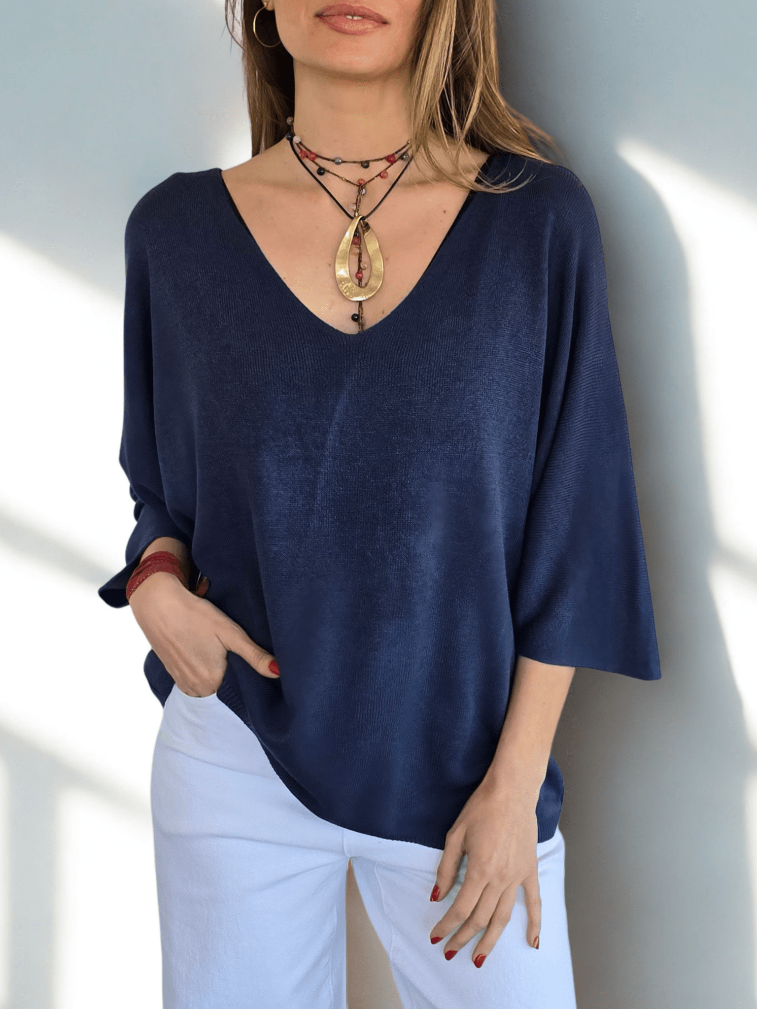 Sweater Italiano Manga 3/4, color Azul Marino