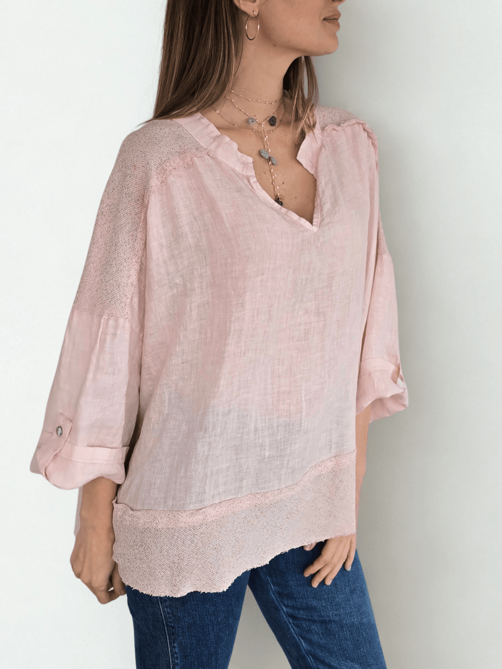 Blusa 100%Lino Italiano escote en V, color Rosado