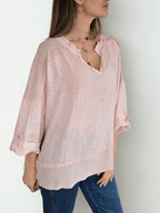 Blusa 100%Lino Italiano escote en V, color Rosado