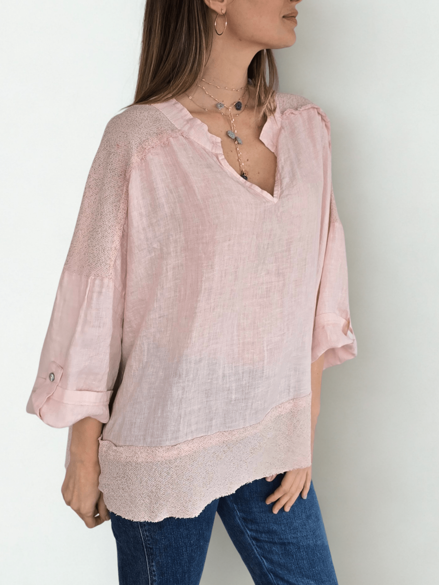 Blusa 100%Lino Italiano escote en V, color Rosado