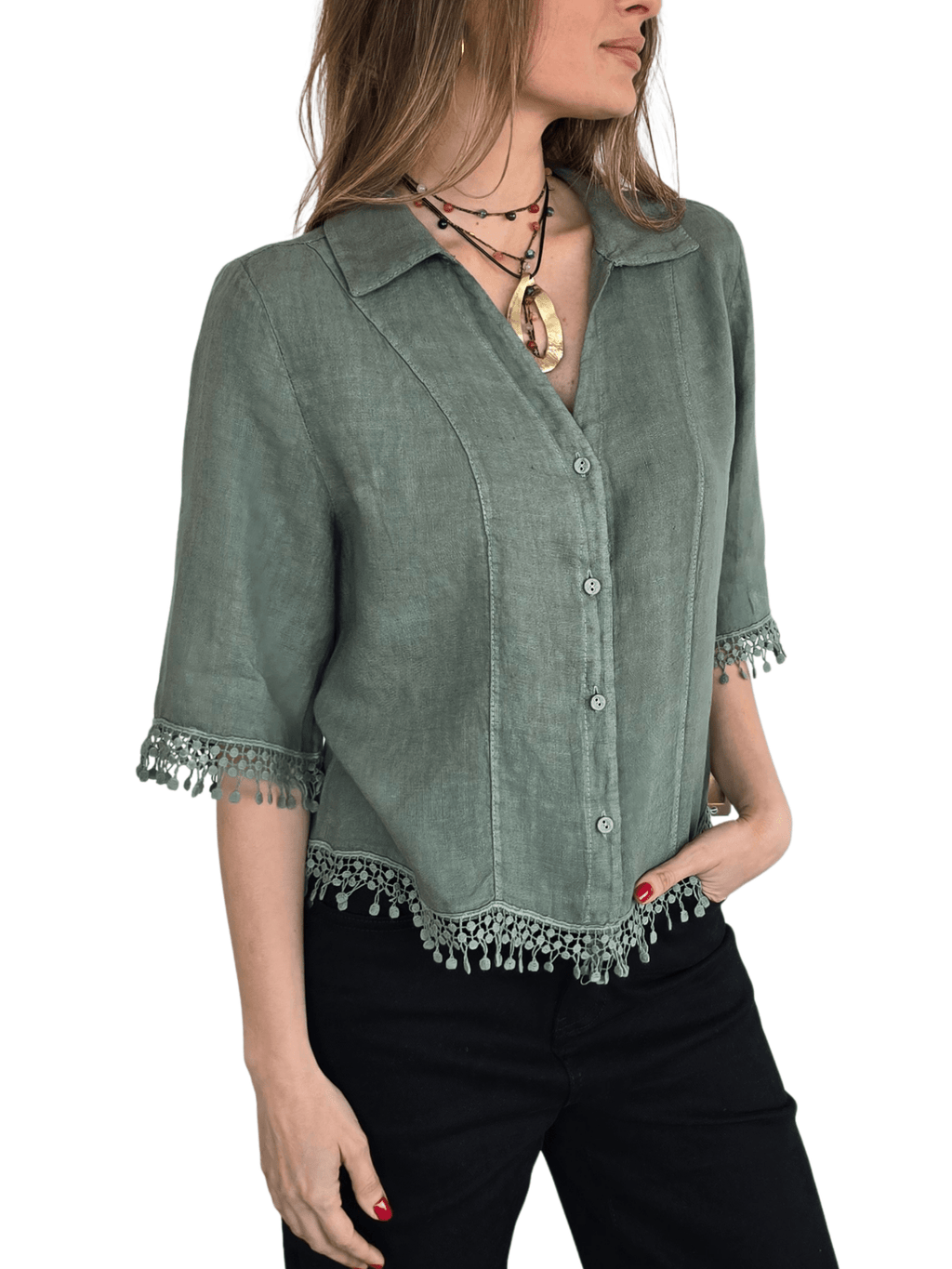 Blusa Italiana 100% Lino Bordada, color Verde