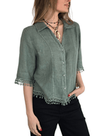 Blusa Italiana 100% Lino Bordada, color Verde