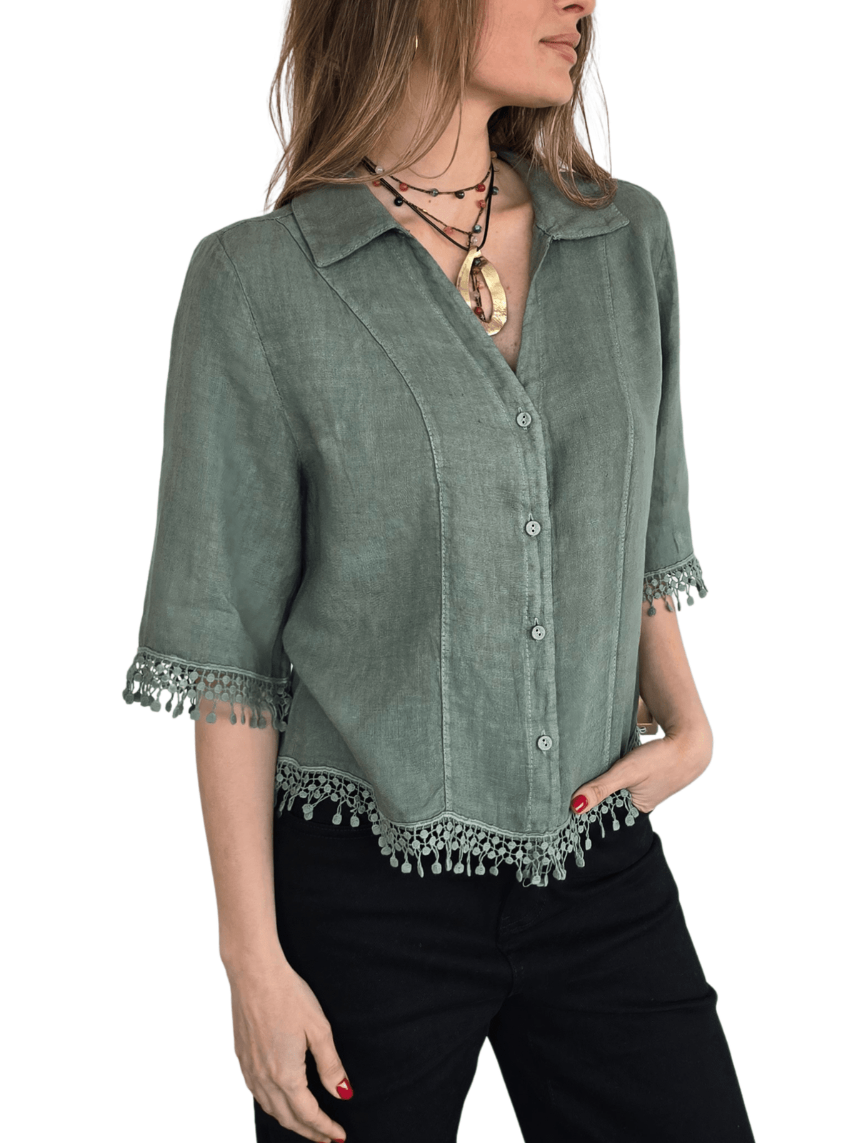 Blusa Italiana 100% Lino Bordada, color Verde