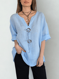 Blusa Italiana 100% Lino, dos Botones, color Celeste