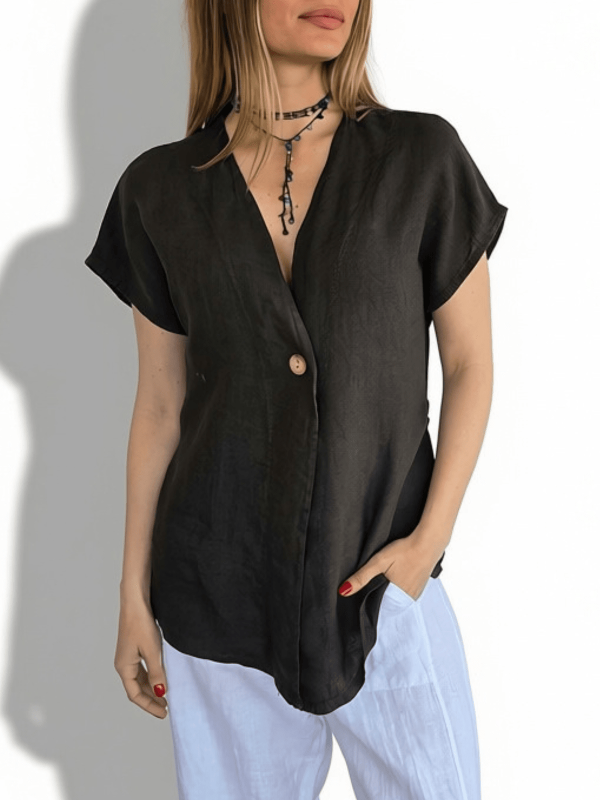 Blusa Italiana 100% Lino un botón, color Chocolate