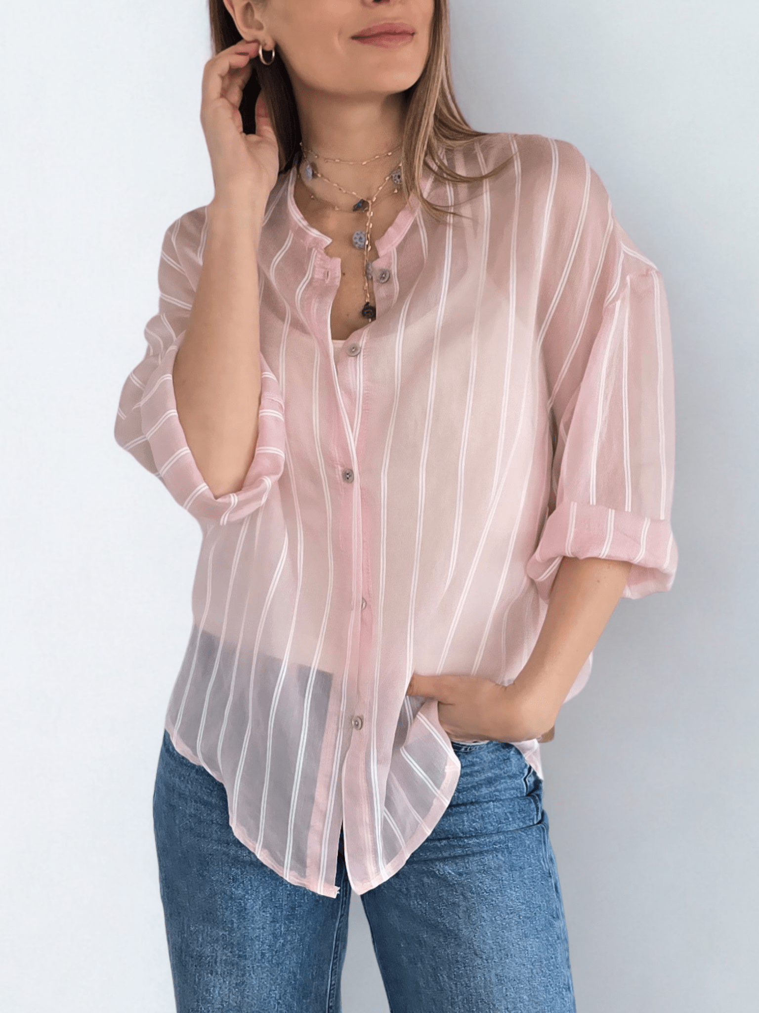 Blusa Italiana Rayada, fondo Rosado