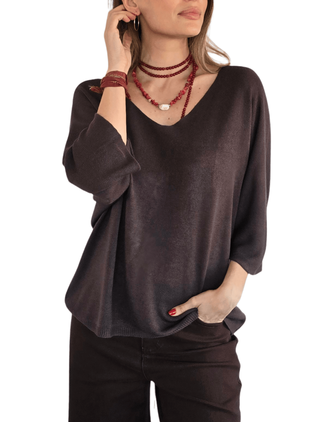 Sweater Italiano Manga 3/4, color Chocolate