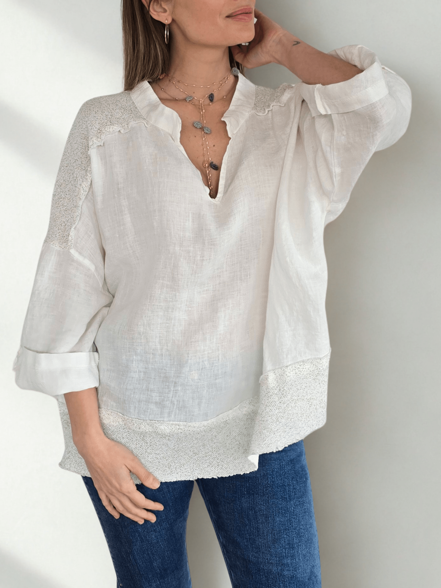 Blusa 100% Lino Italiano escote en V, color Blanco
