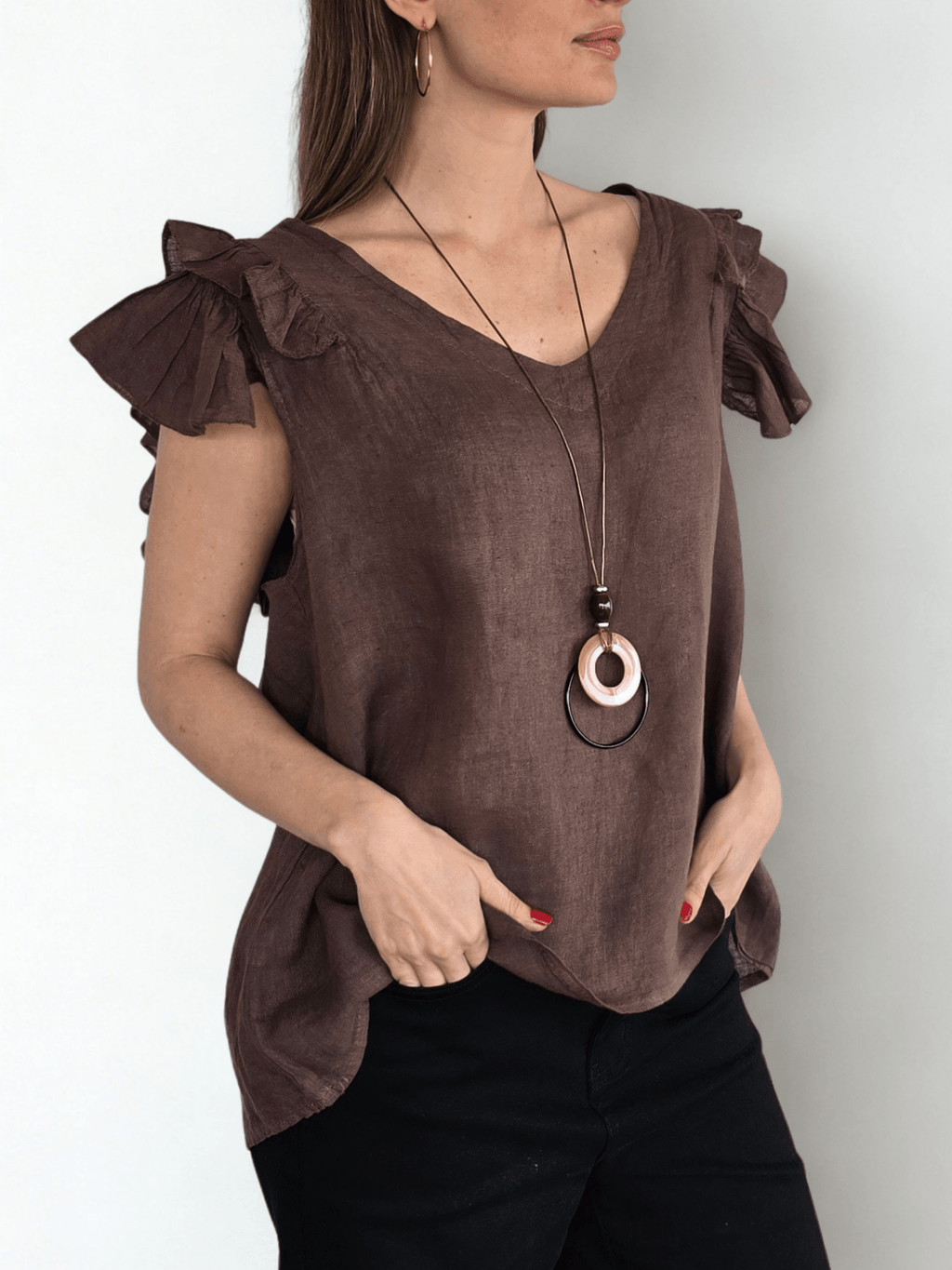 Blusa Italiana 100%Lino Mangas Irregulares, color Chocolate