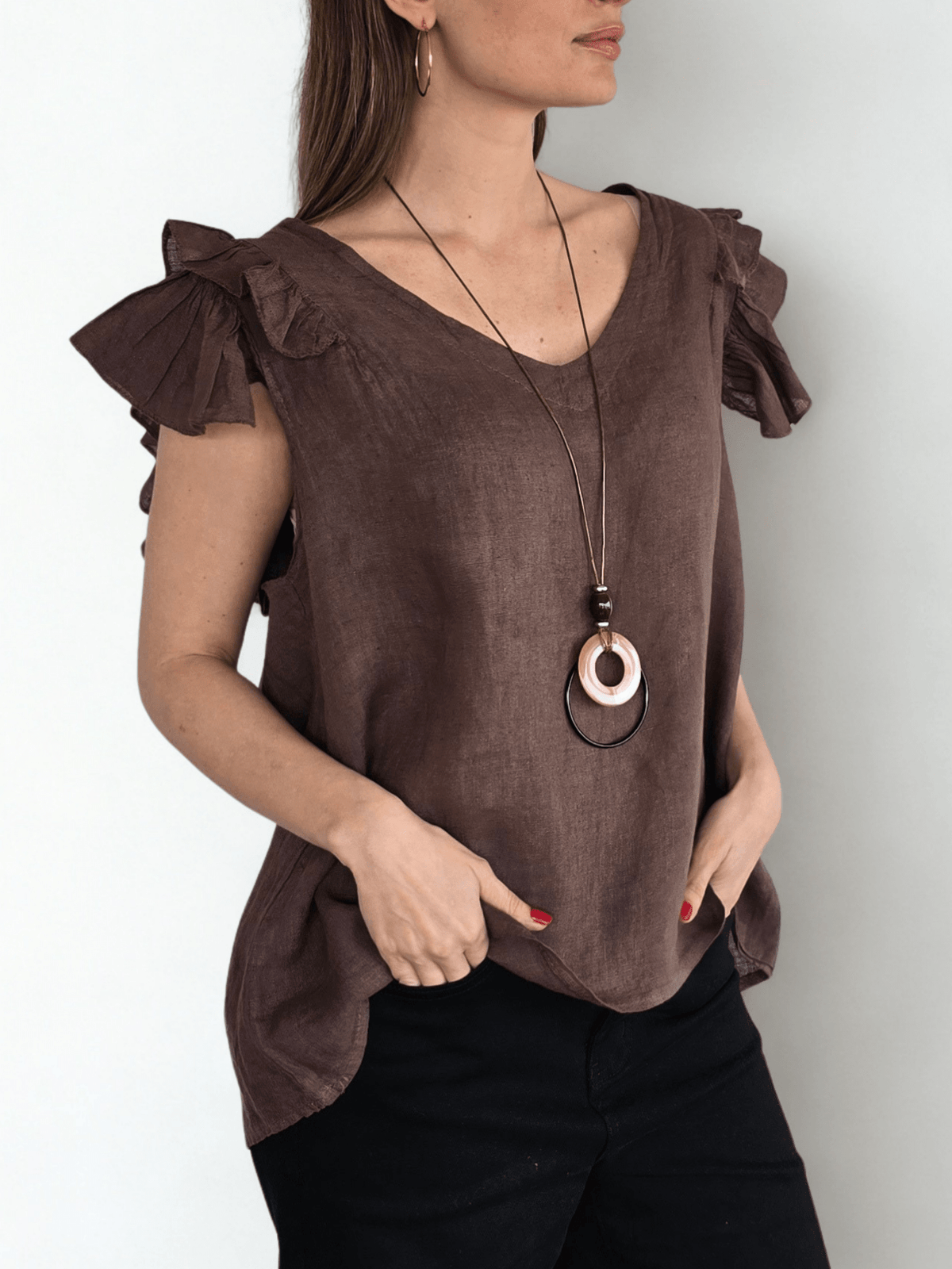 Blusa Italiana 100%Lino Mangas Irregulares, color Chocolate
