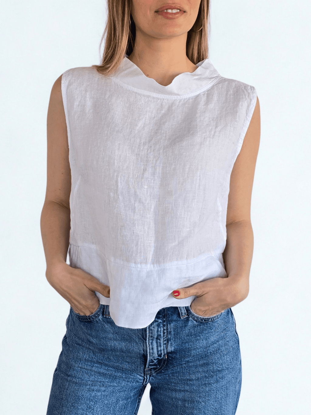 Blusa Italiana 100% Lino, corta, color Blanco