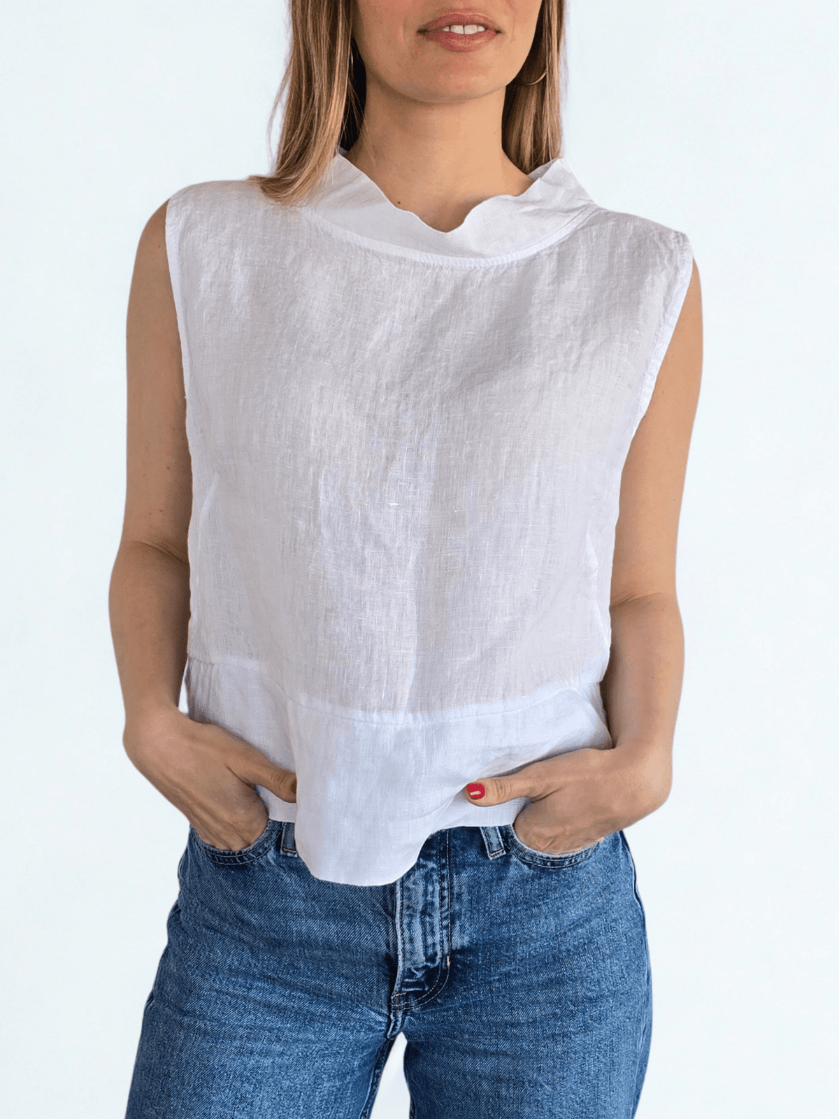 Blusa Italiana 100% Lino, corta, color Blanco