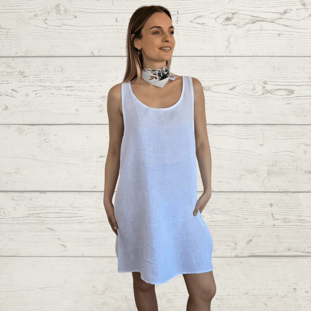 Vestido de Lino Italiano sin mangas, color Blanco