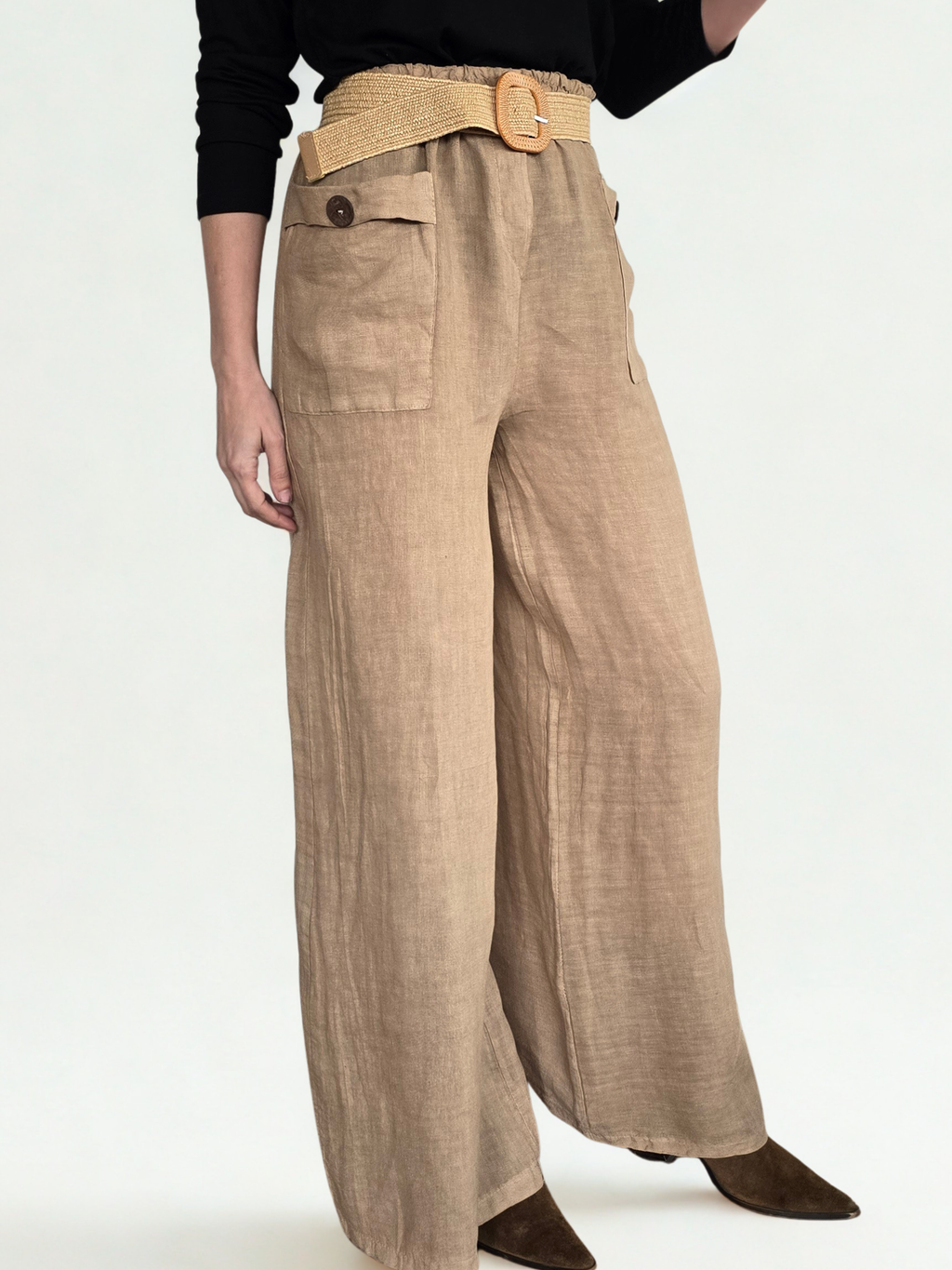 Pantalón de Lino Italiano con Cinturón, color tostado