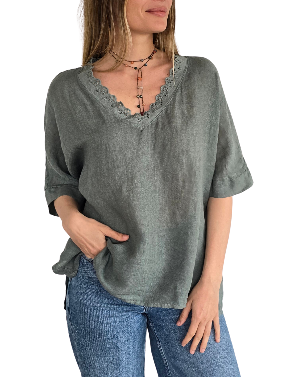 Blusa Italiana Escote Bordado, color Verde