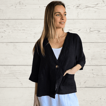 Cargar imagen en el visor de la galería, Chaqueta 100% Lino Italiano un botón, color Negro
