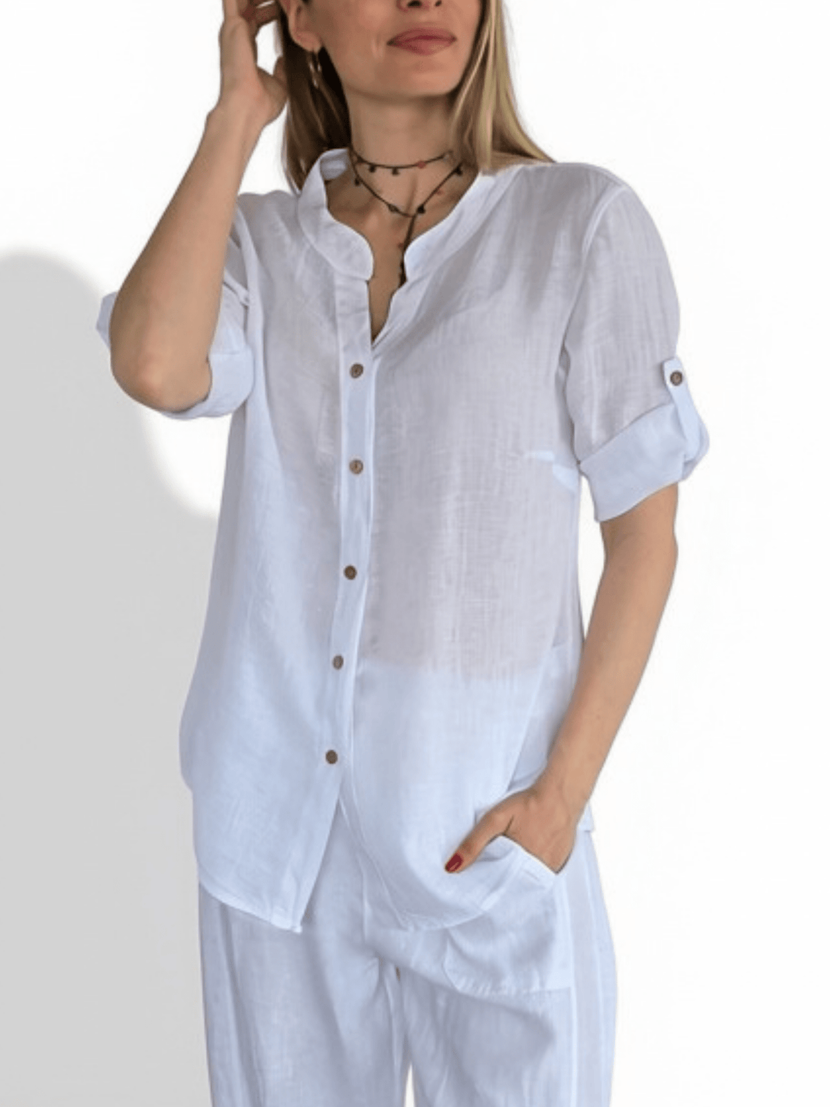 Blusa Italiana Lino Canesú Bordado, color Blanco