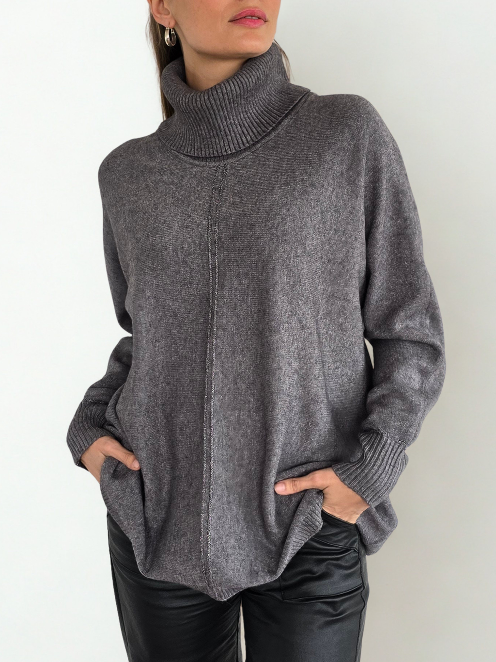 Sweater cuello subido Ribete, color Gris
